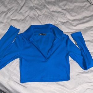 Zara Women's Blue V Neck Crop-top - Size M
